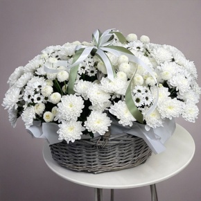 Композиция в корзине "Снежная лавина" из хризантем в Пушкино